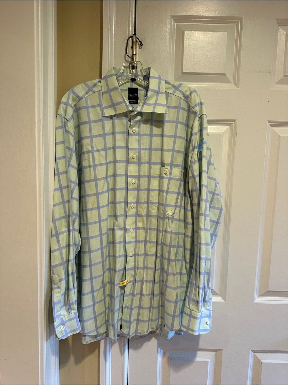 Haupt Two Ply Men’s XL 17.5 Green Blue Windowpane Dress Shirt